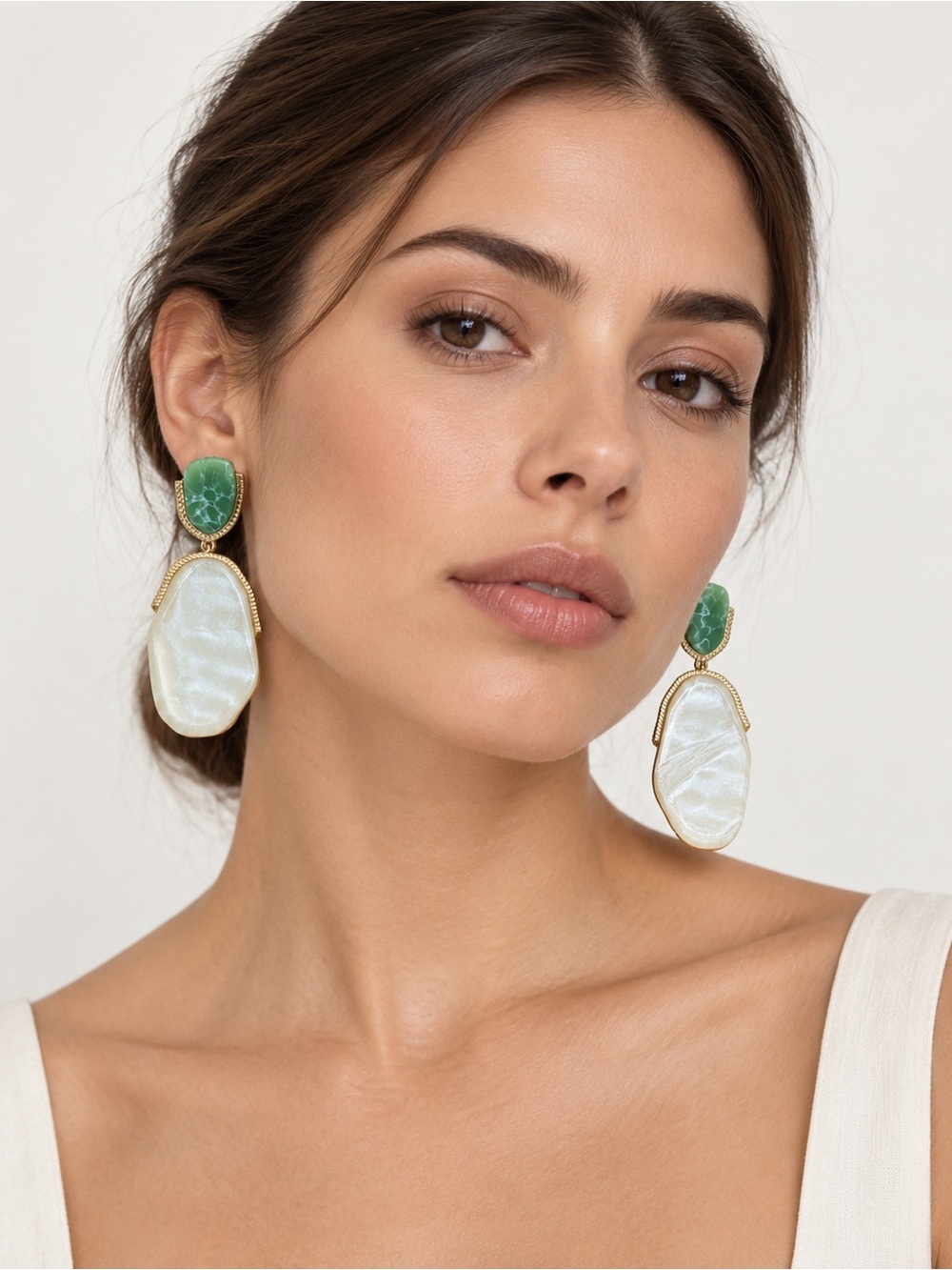ZARA Oversized Green & Pearl Effect Statement Drop Earrings Gold Tone